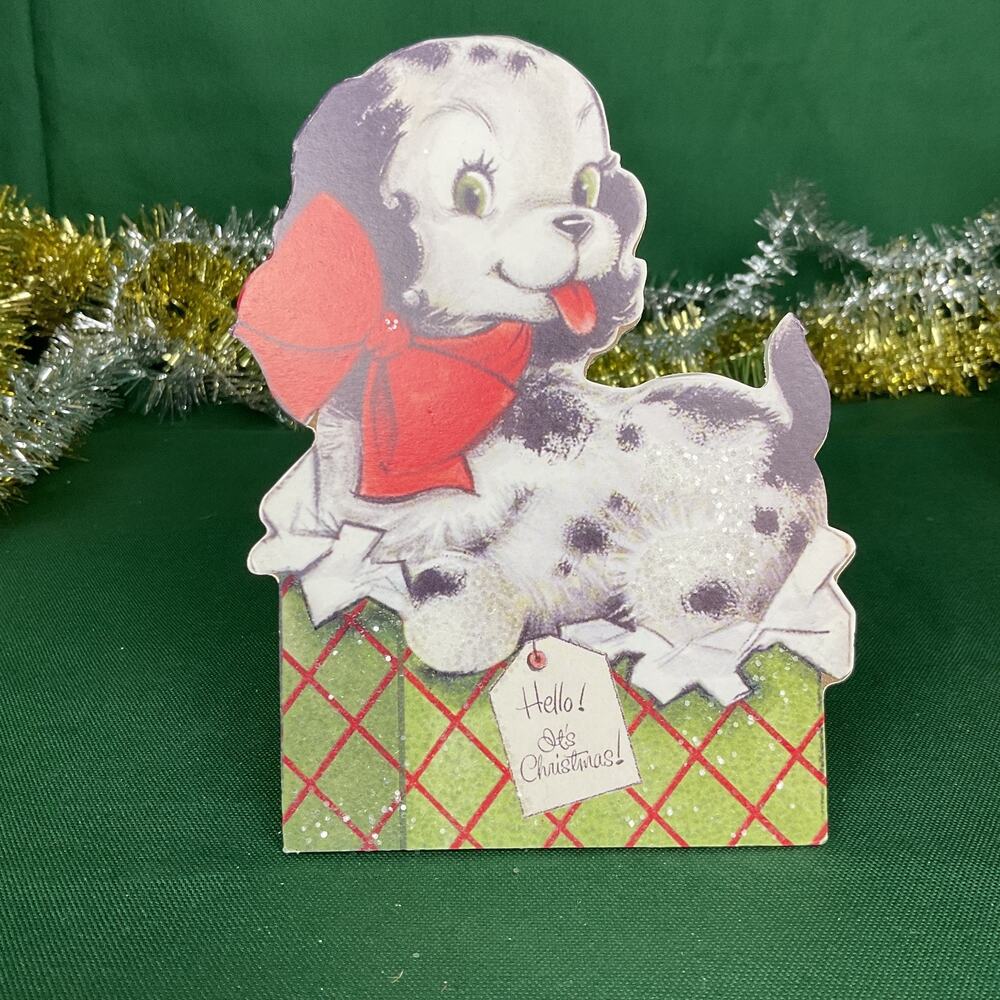 Vintage Style Christmas Puppy Shelf Sitter - Retro Dog in Gift Box Decor